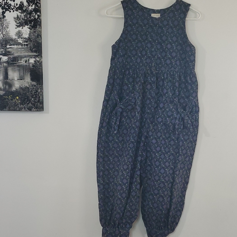 Vintage 90's Laura Ashley Mother & Child Corduroy Blue Floral Jumpsuit Size 9-10